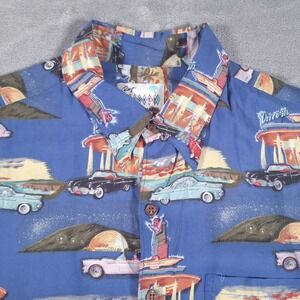 Reyn Spooner American Classics Hawaiian Shirt Mens L Blue Drive Ins Classic Cars